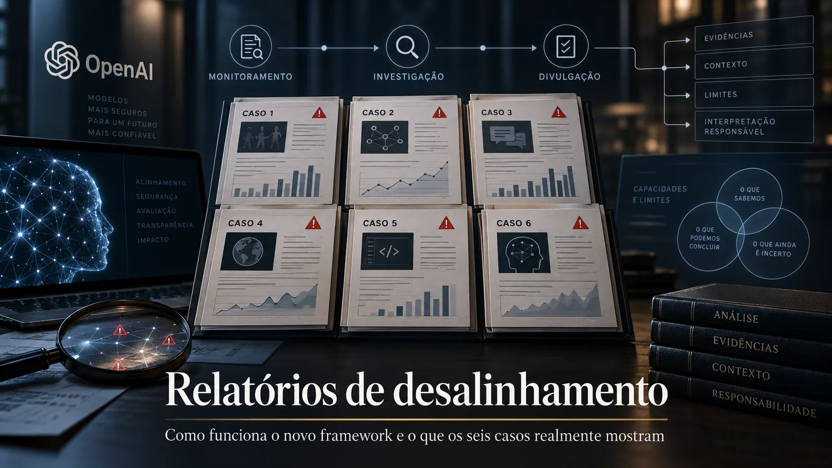 Composição editorial escura com seis dossiês de casos, fluxo de monitoramento e investigação, painéis analíticos e elementos visuais ligados à segurança de IA.
