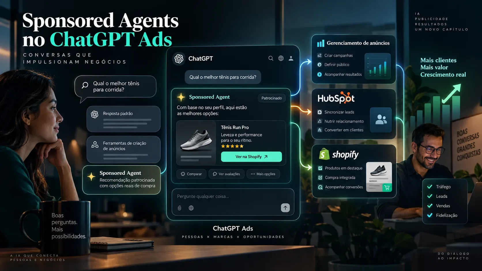 Interface escura de chat com um cartão de Sponsored Agent no centro, conexões luminosas para painéis de anúncios, HubSpot e Shopify, com uma usuária e um profissional nas laterais.