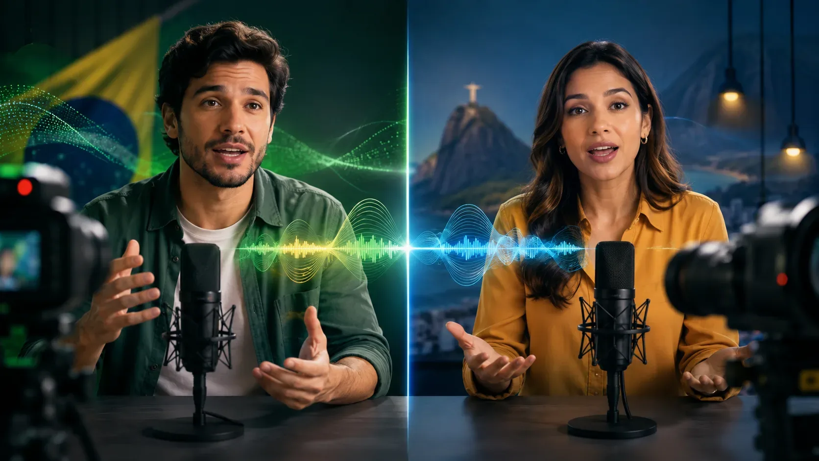 Dois apresentadores diante de microfones e câmeras em composição dividida, conectados por ondas de áudio em verde, amarelo e azul.