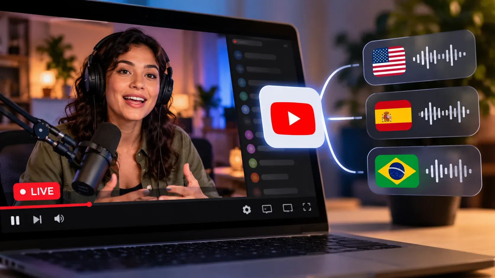 Streamer de fones e microfone em live exibida em notebook, com ondas sonoras e bandeiras dos Estados Unidos, Espanha e Brasil conectadas ao símbolo do YouTube.