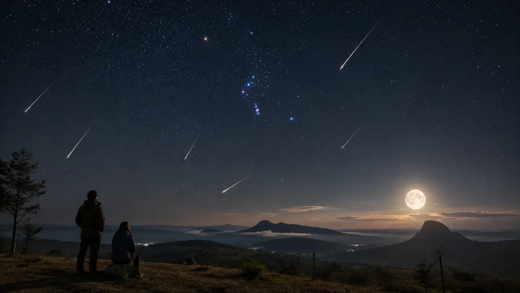 Duas pessoas observam meteoros sob um céu estrelado, com a Lua gibosa brilhante baixa sobre montanhas ao horizonte.