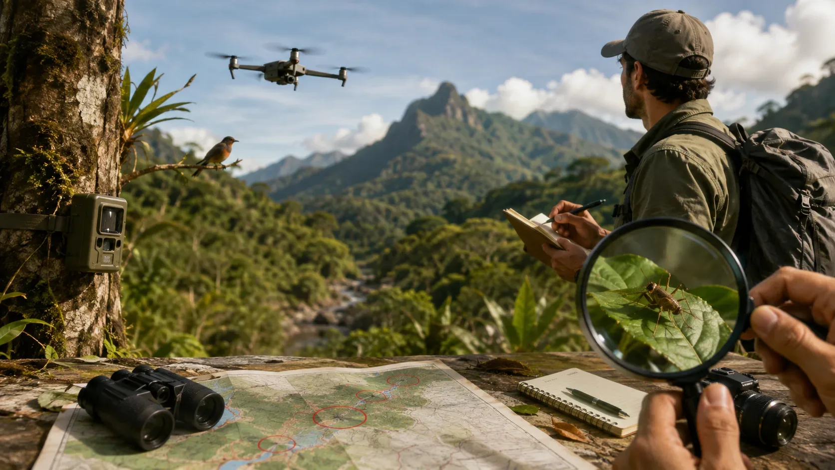 Mapa de distribuição histórica de uma espécie com áreas de habitat indicadas para levantamentos de campo em busca de indivíduos sobreviventes.