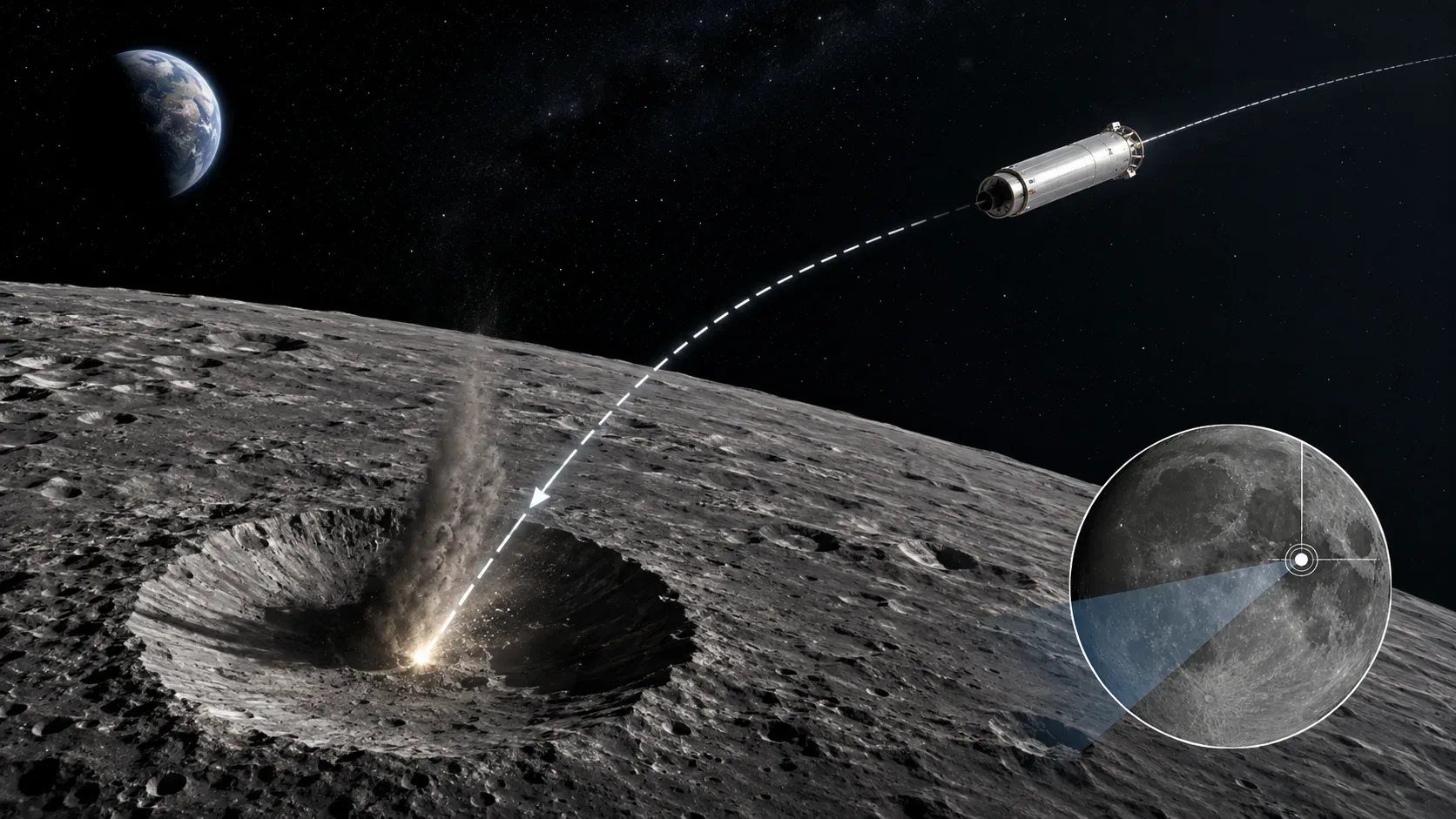 Diagrama simulado da trajetória do estágio superior de Falcon 9 até a região entre as crateras Bell e Einstein, próxima ao limbo da Lua.