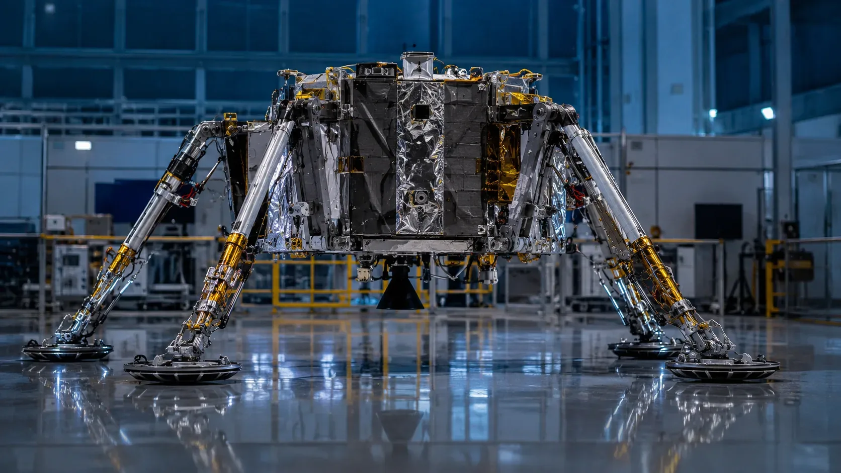 Modelo da plataforma de pouso da missão ExoMars com suas quatro pernas abertas para testes em solo