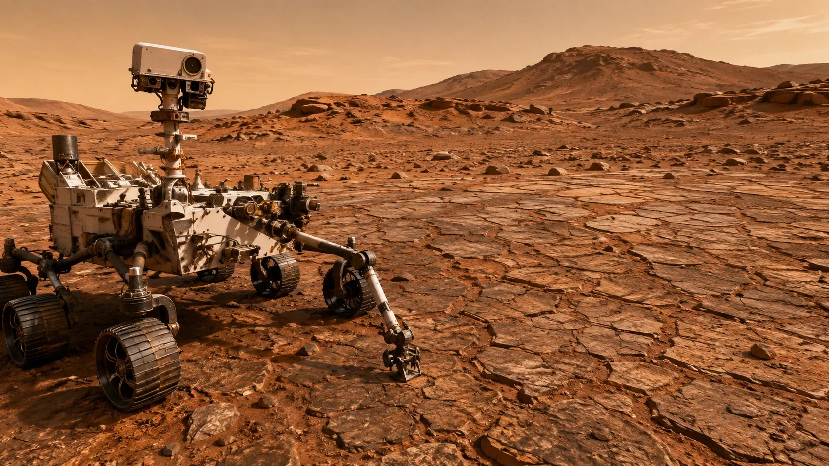 Campo de pequenas fraturas poligonais cobrindo o terreno de Valle Grande, em Marte, observado pelo rover Curiosity.