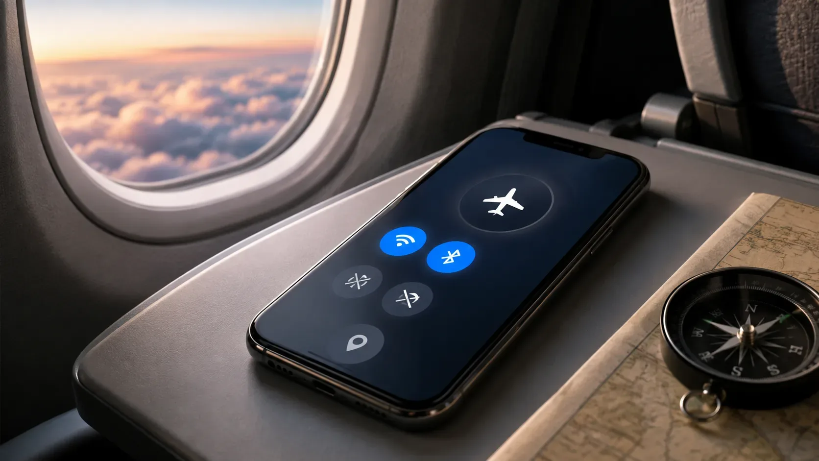 Smartphone em modo avião ao lado de uma representação de satélites GPS e mapa offline, mostrando diferentes fontes de localização.