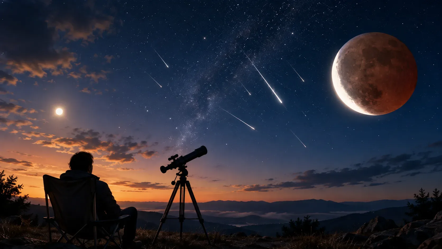 Calendário astronômico de agosto de 2026 com Perseidas, Vênus e eclipses, destacando a visibilidade de cada evento no Brasil.