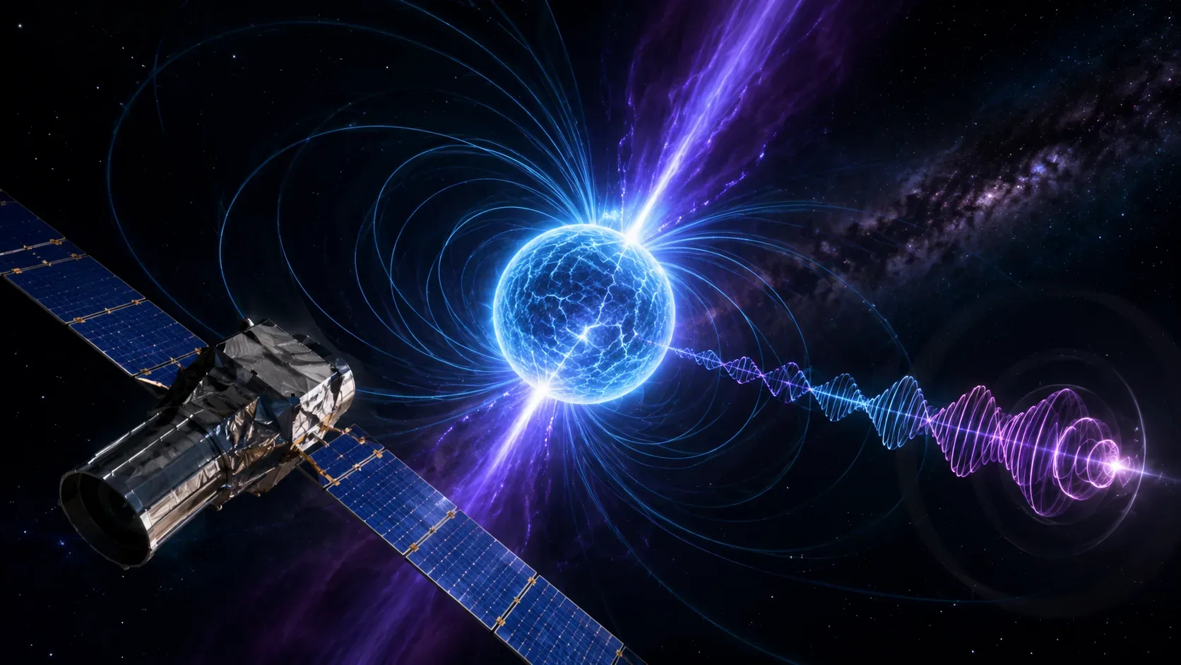 Ilustração conceitual de um magnetar com campo magnético intenso e propagação de luz polarizada ao seu redor.