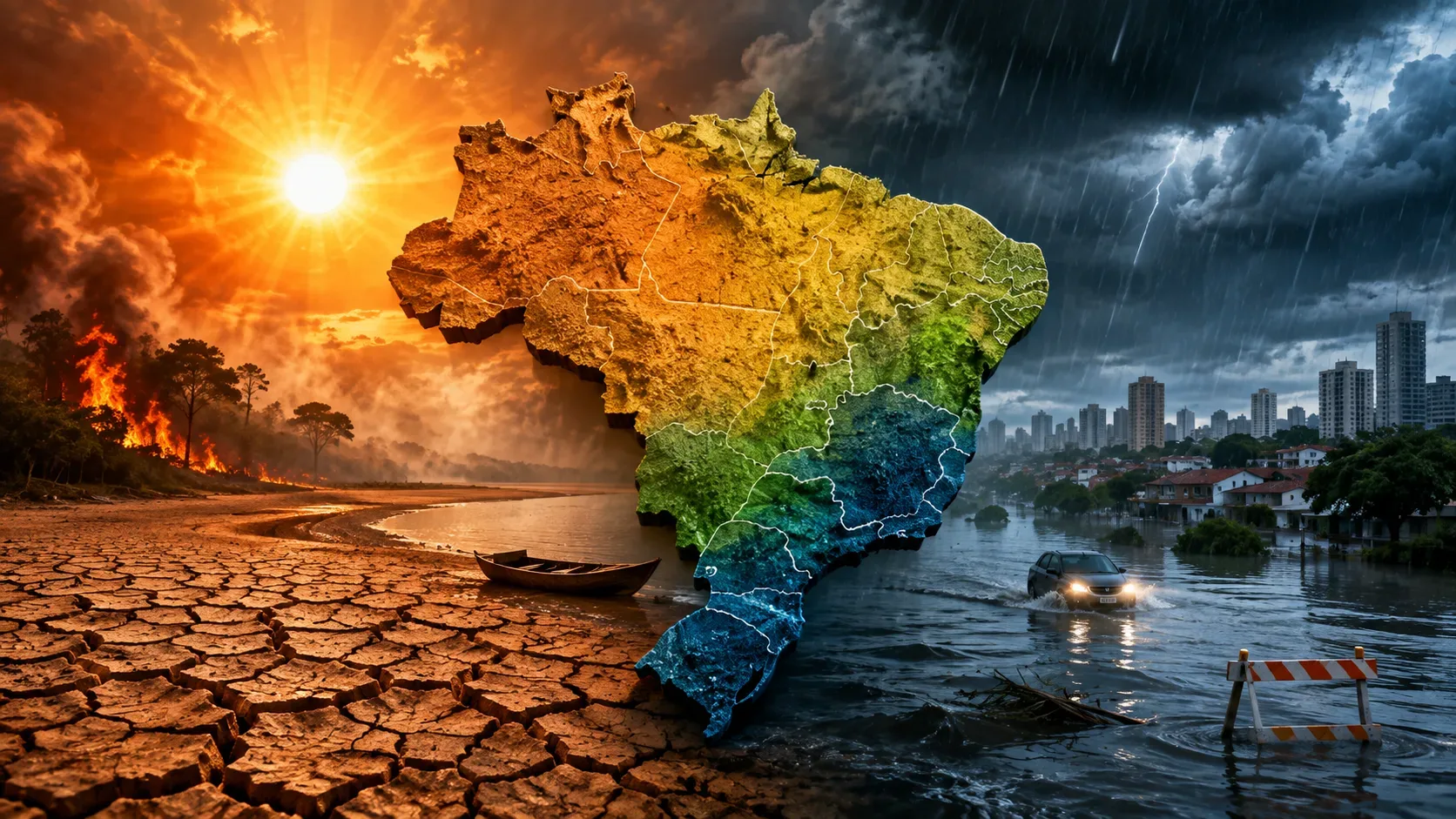 Mapa climático do Brasil com calor e estiagem no centro-norte e maior concentração de chuvas na Região Sul durante o El Niño de 2026.