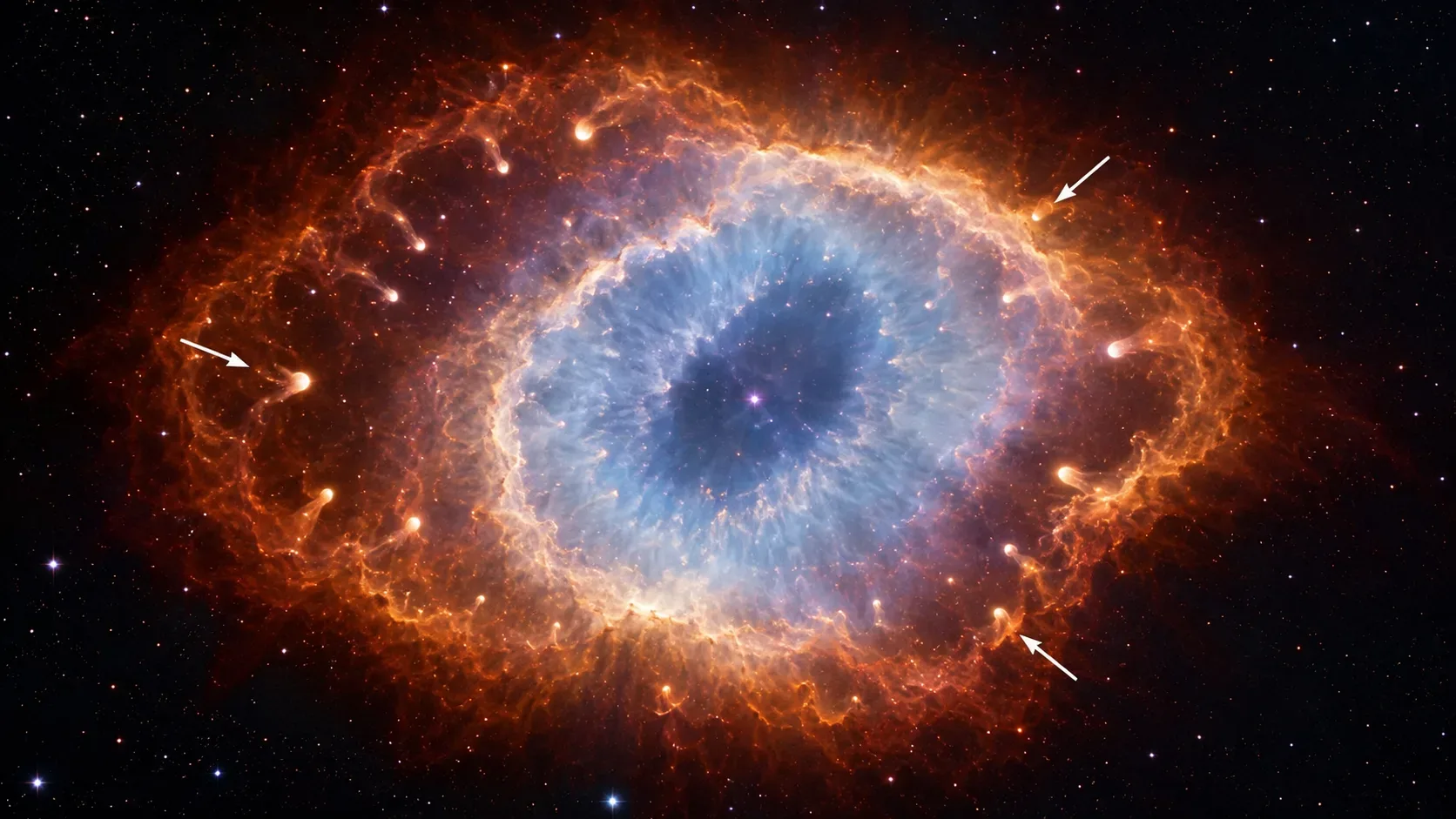 Detalhe infravermelho da Nebulosa da Hélice mostra milhares de estruturas alongadas alaranjadas, chamadas nós cometários, sobre o fundo escuro.