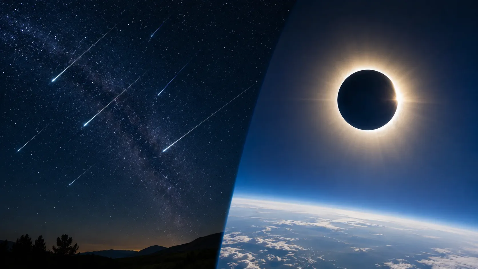 Mapa duplo mostra a faixa do eclipse de 12 de agosto no Hemisfério Norte e a visibilidade limitada das Perseidas por região do Brasil.