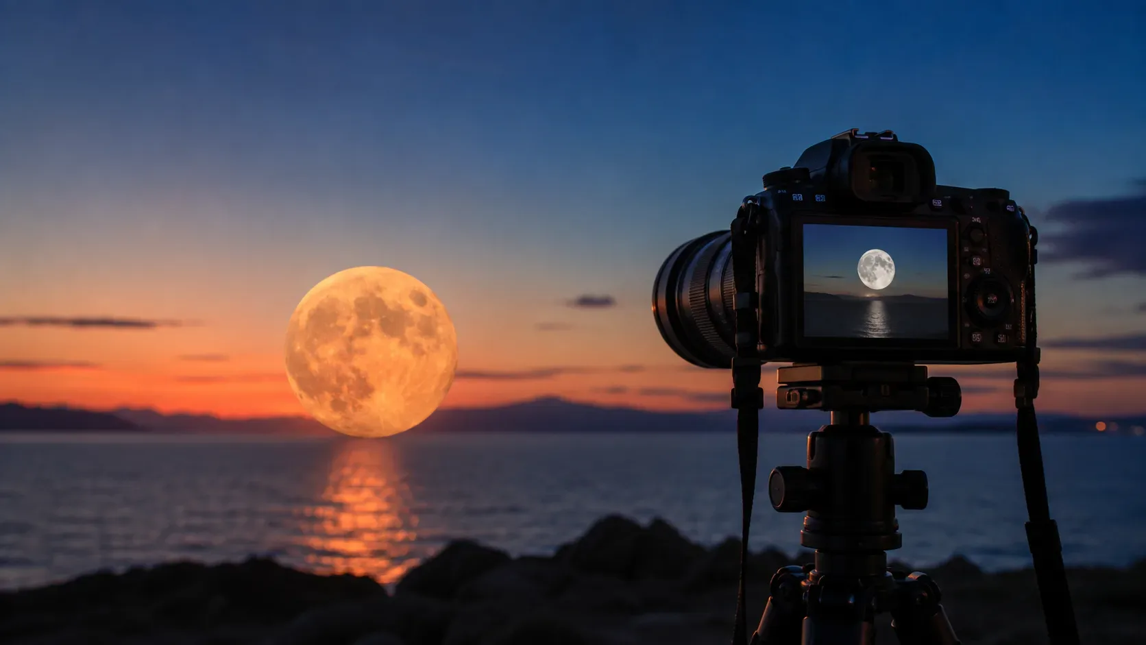 Comparação editorial da Lua junto ao horizonte e mais alta no céu, representada com diâmetros aparentes semelhantes.