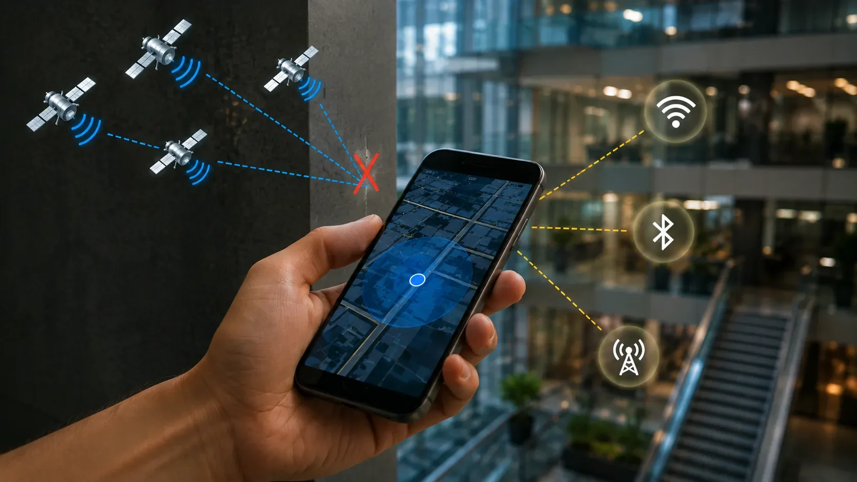 Smartphone em ambiente interno com sinais de satélite enfraquecidos e referências de Wi-Fi e rede celular ao redor.