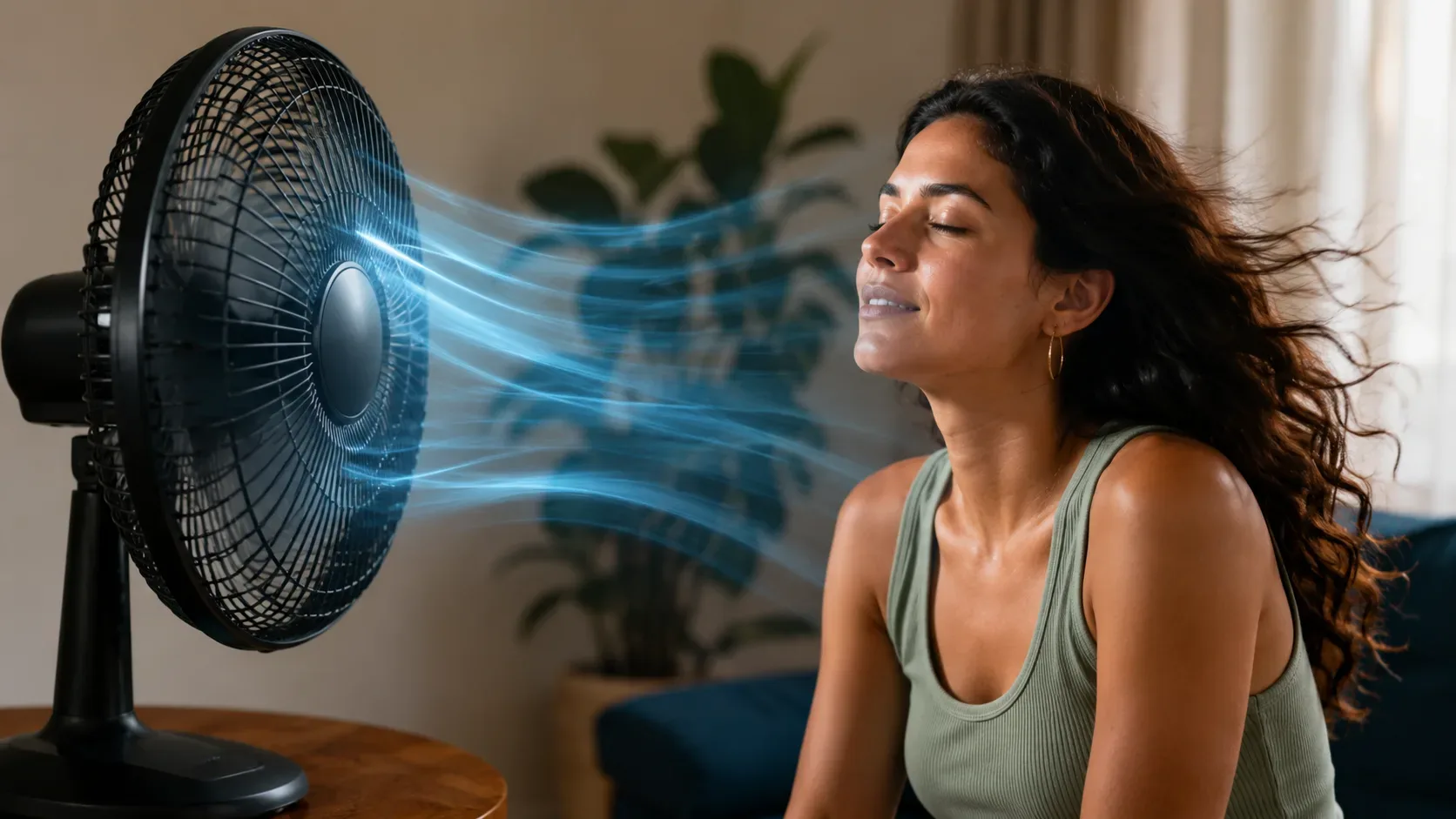 Pessoa diante de um ventilador em um quarto, com o fluxo de ar representado ao redor do corpo sem indicar resfriamento do ambiente.