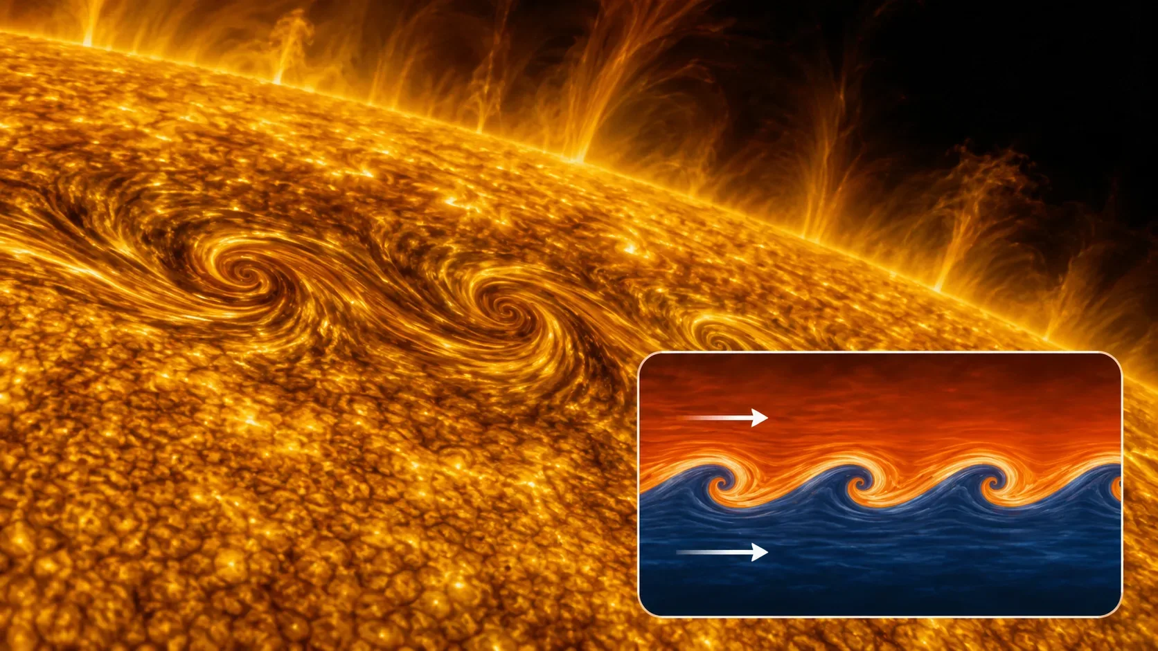 Imagem de alta resolução da fotosfera solar mostra a granulação e pequenos redemoinhos nas bordas de regiões magnéticas.