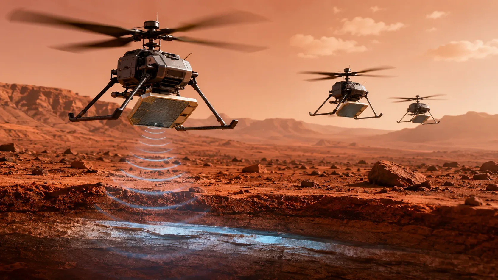 Ilustração conceitual de três helicópteros SkyFall sobre Marte, equipados para mapear o terreno e procurar gelo abaixo da superfície.
