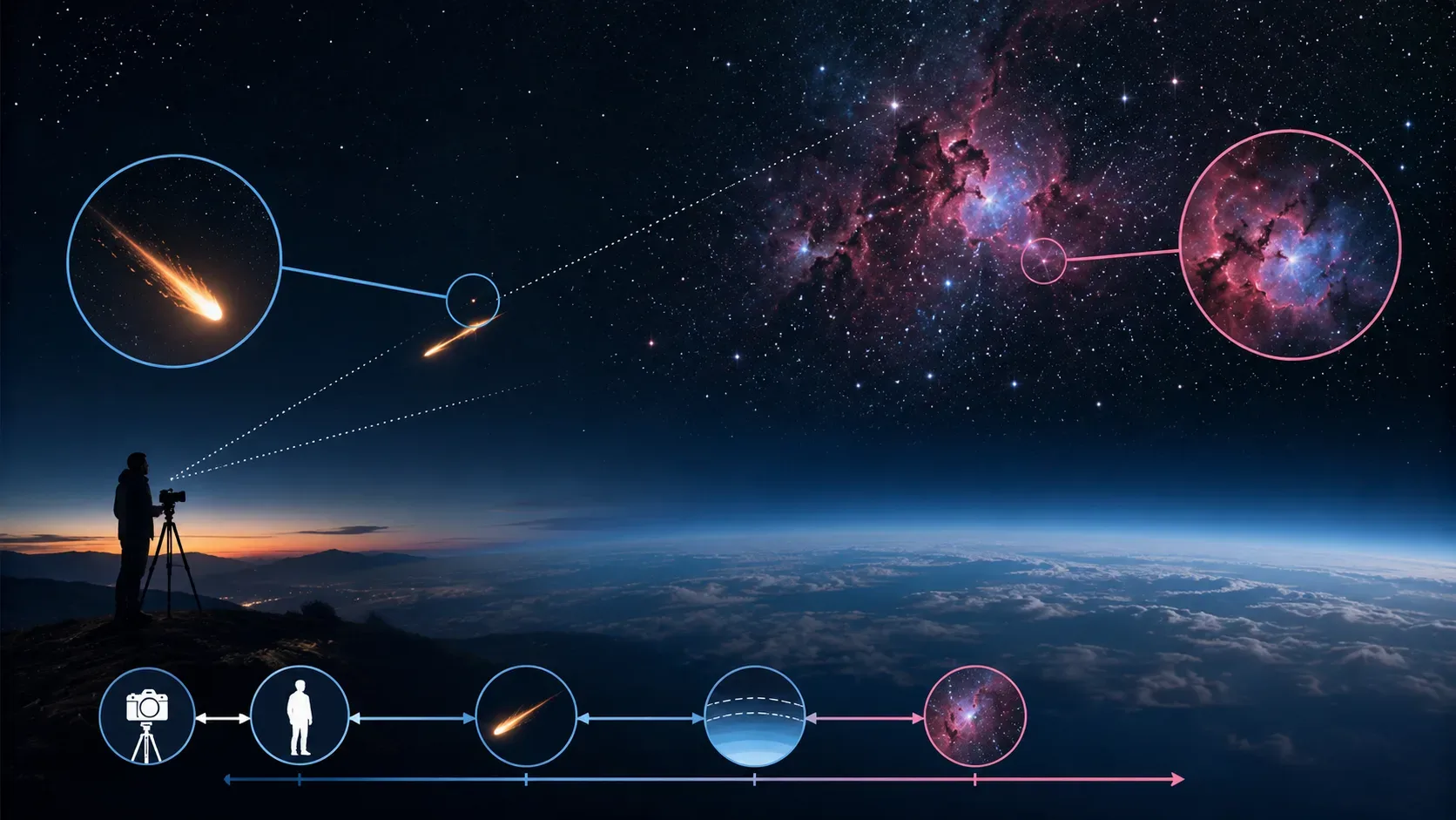 Diagrama em perspectiva mostra um meteoro na atmosfera terrestre diante da distante nebulosa Sh2-126, na constelação de Lacerta.
