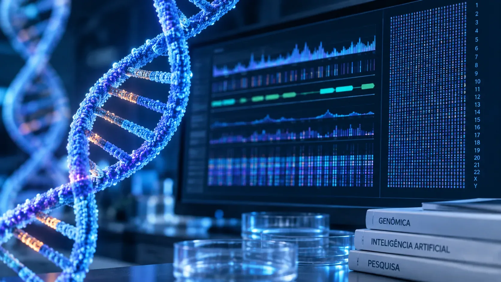 Hélice de DNA em primeiro plano diante de monitor com trilhas genômicas coloridas em um laboratório de pesquisa.