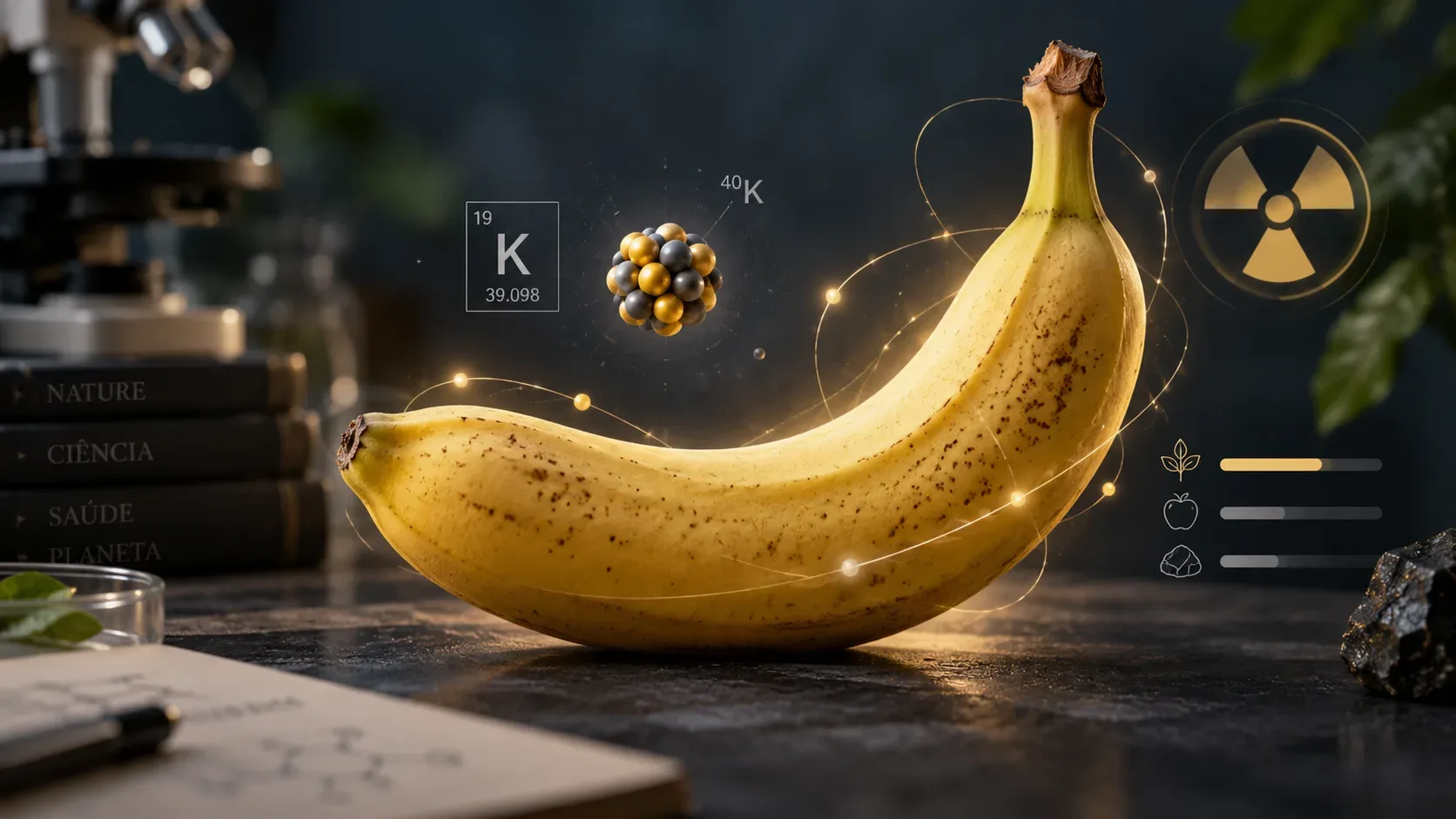 Banana madura em destaque sobre bancada escura, cercada por elementos científicos sutis, modelo atômico de potássio, referência a K-40 e símbolo de radiação ao fundo.