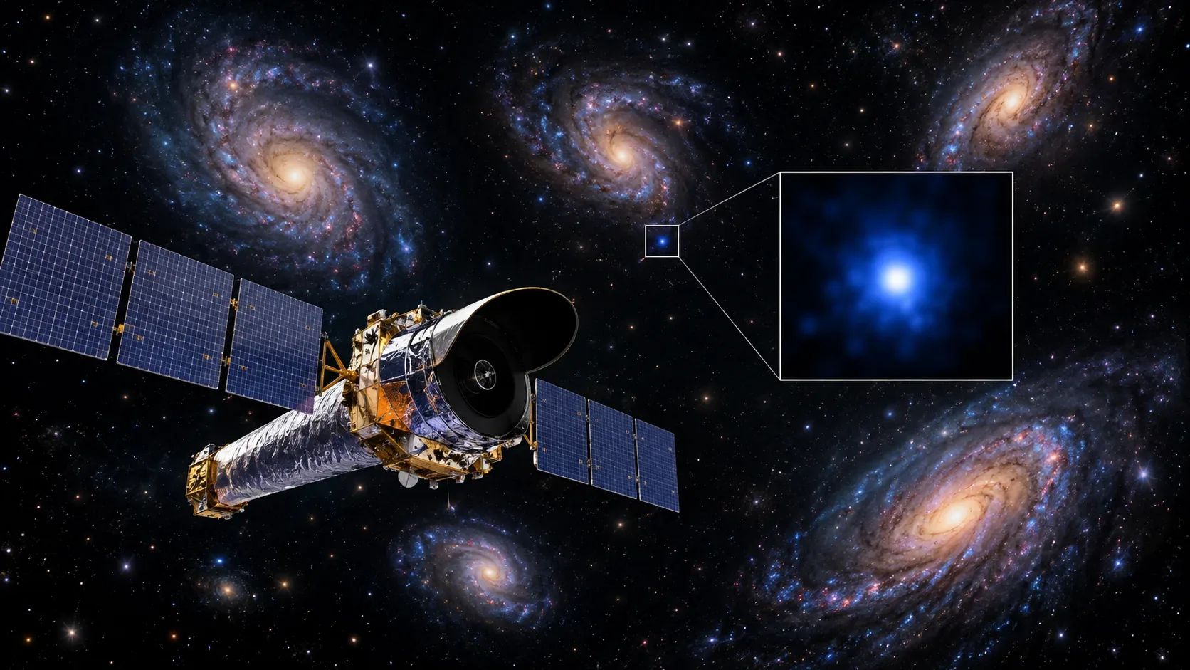 Telescópio espacial diante de várias galáxias, com uma fonte azul de raios X ampliada em um quadro lateral.