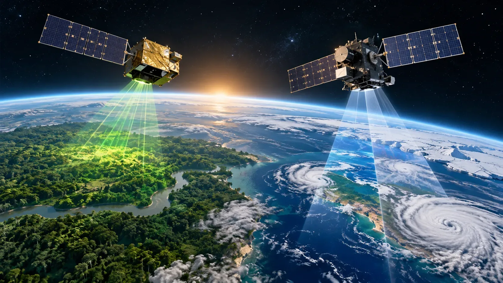Dois satélites orbitam sobre a Terra; um projeta feixes verdes sobre uma floresta e o outro feixes azulados sobre oceano, gelo e nuvens.