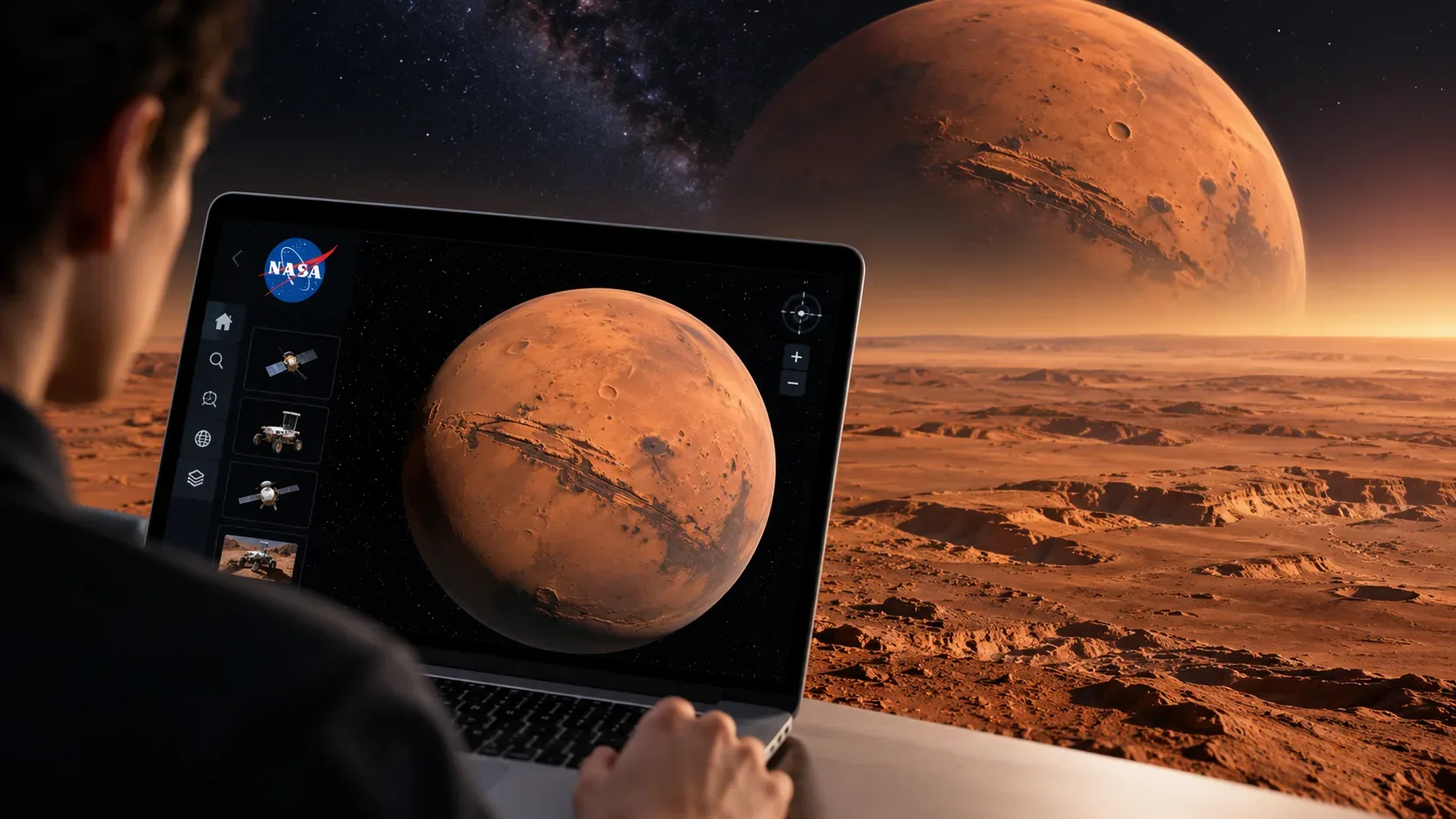 Pessoa diante de um laptop com visualização 3D de Marte, cercada por uma paisagem marciana estilizada.