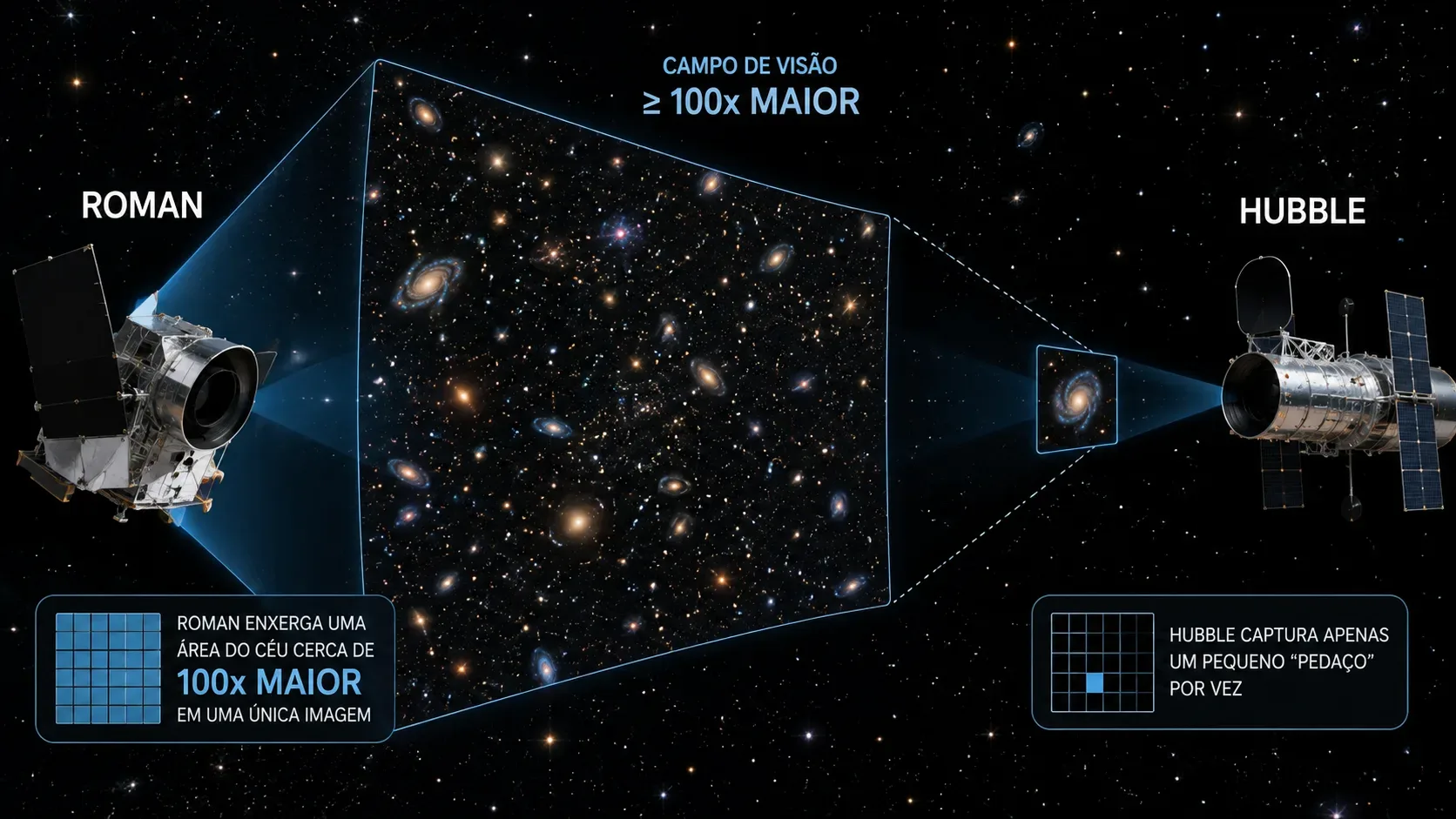 Roman à esquerda projeta um amplo campo estrelado, enquanto Hubble à direita enquadra uma pequena região, com painéis comparando a diferença de campo de visão.