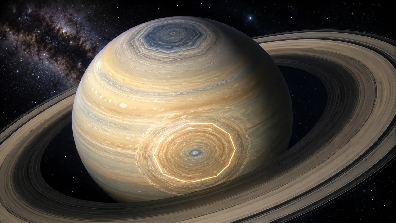 Saturno com anéis em destaque, hexágono azulado no polo norte e padrão atmosférico decagonal dourado no polo sul sobre fundo estrelado.