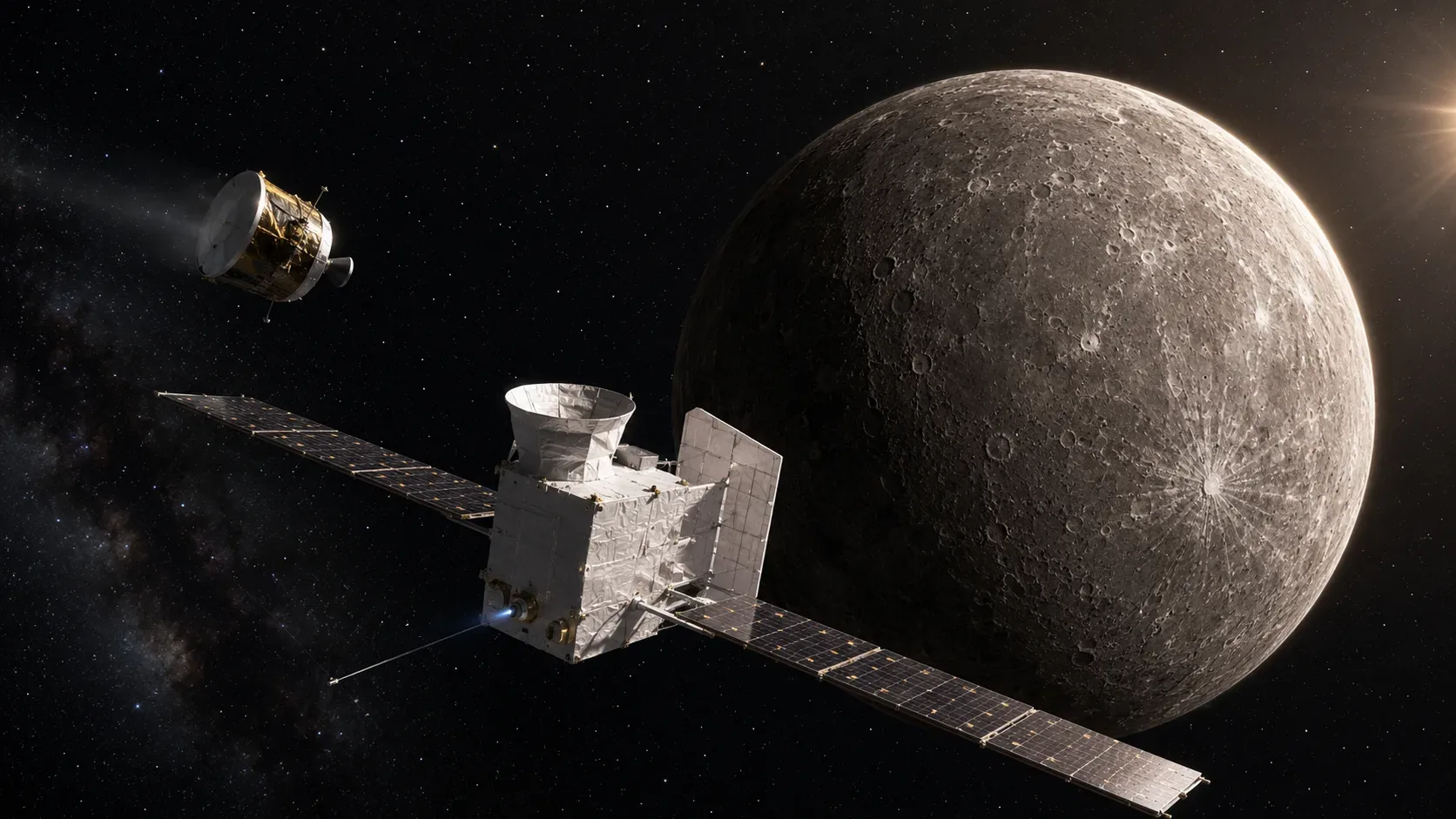Sonda BepiColombo se aproxima de Mercúrio enquanto um módulo separado se afasta ao fundo