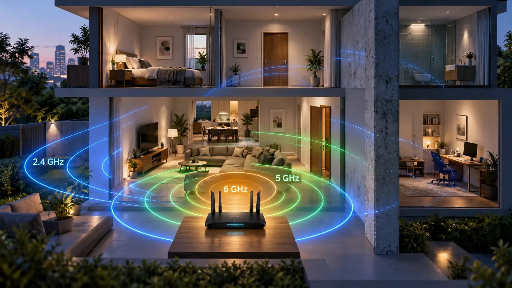 Roteador em uma casa moderna com ondas coloridas de 2,4, 5 e 6 GHz atravessando cômodos e uma parede espessa.