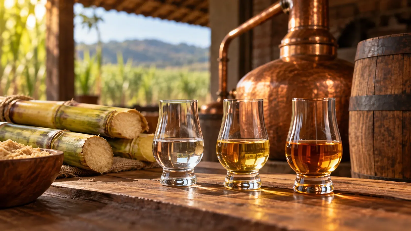 Três taças com destilados transparente, dourado e âmbar sobre madeira, ao lado de cana-de-açúcar, alambique de cobre e barril em uma destilaria rural.