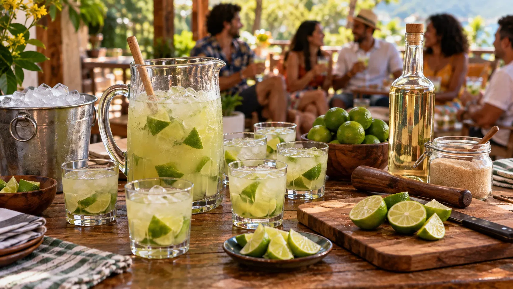 Mesa de festa com jarra e copos de caipirinha, limões, açúcar, gelo, socador e garrafa sem rótulo de cachaça ao fundo.