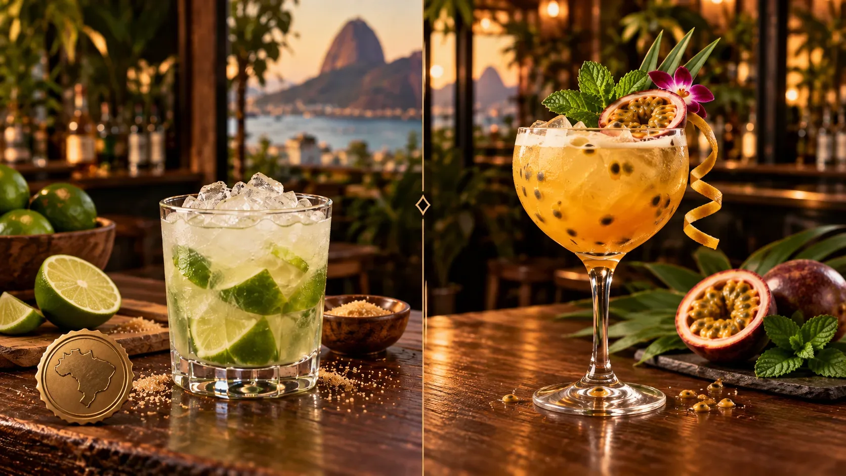 Caipirinha clássica com limão e gelo ao lado de coquetel amarelo de cachaça com maracujá, em bar dividido em dois lados com cartões explicativos.