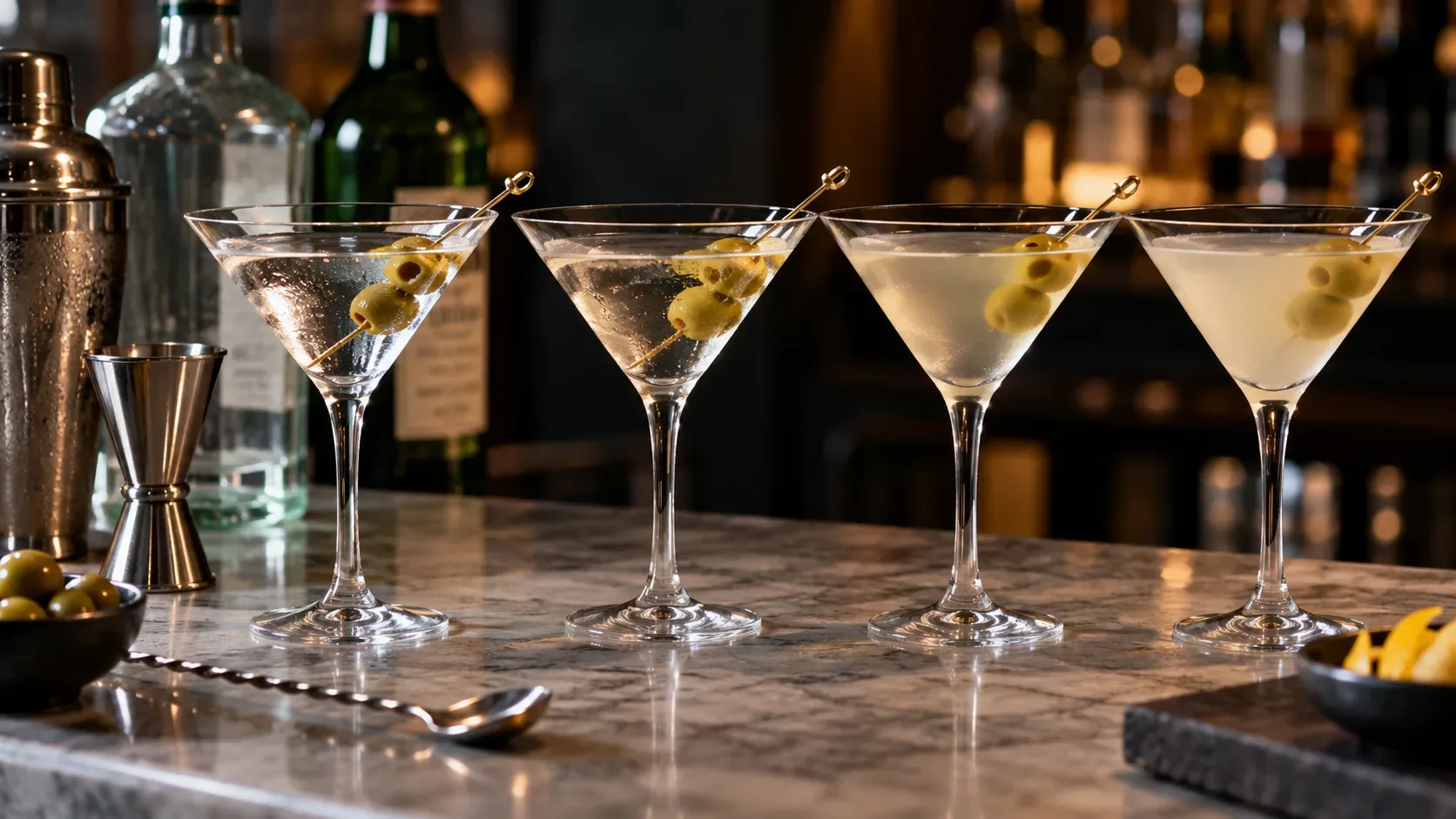 Quatro taças de Martini alinhadas sobre balcão de mármore, com azeitonas, utensílios de bar e garrafas desfocadas ao fundo.
