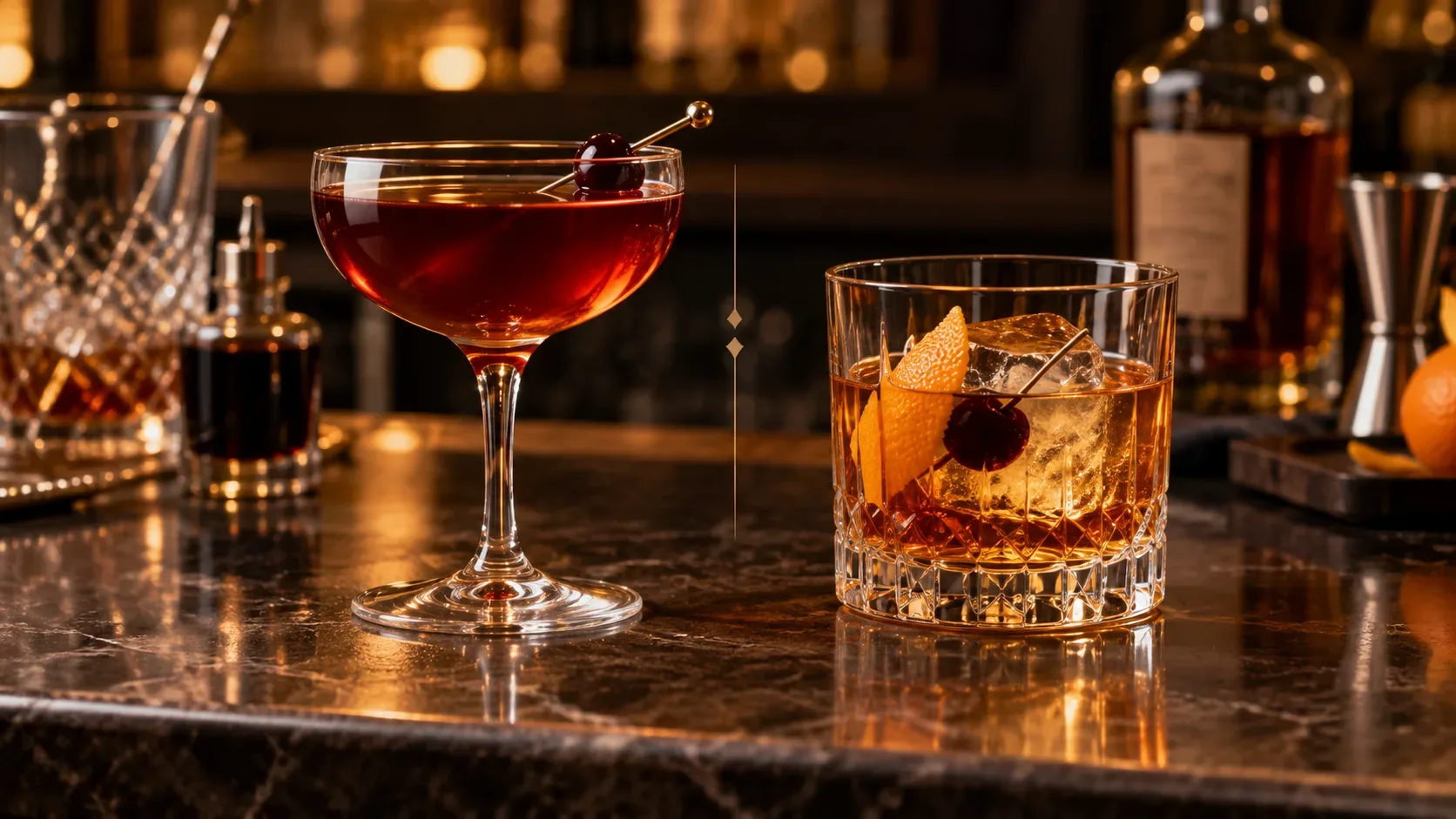 Manhattan em taça coupe com cereja ao lado de um Old Fashioned em copo baixo com gelo grande, casca de laranja e cereja em um bar de luz quente.