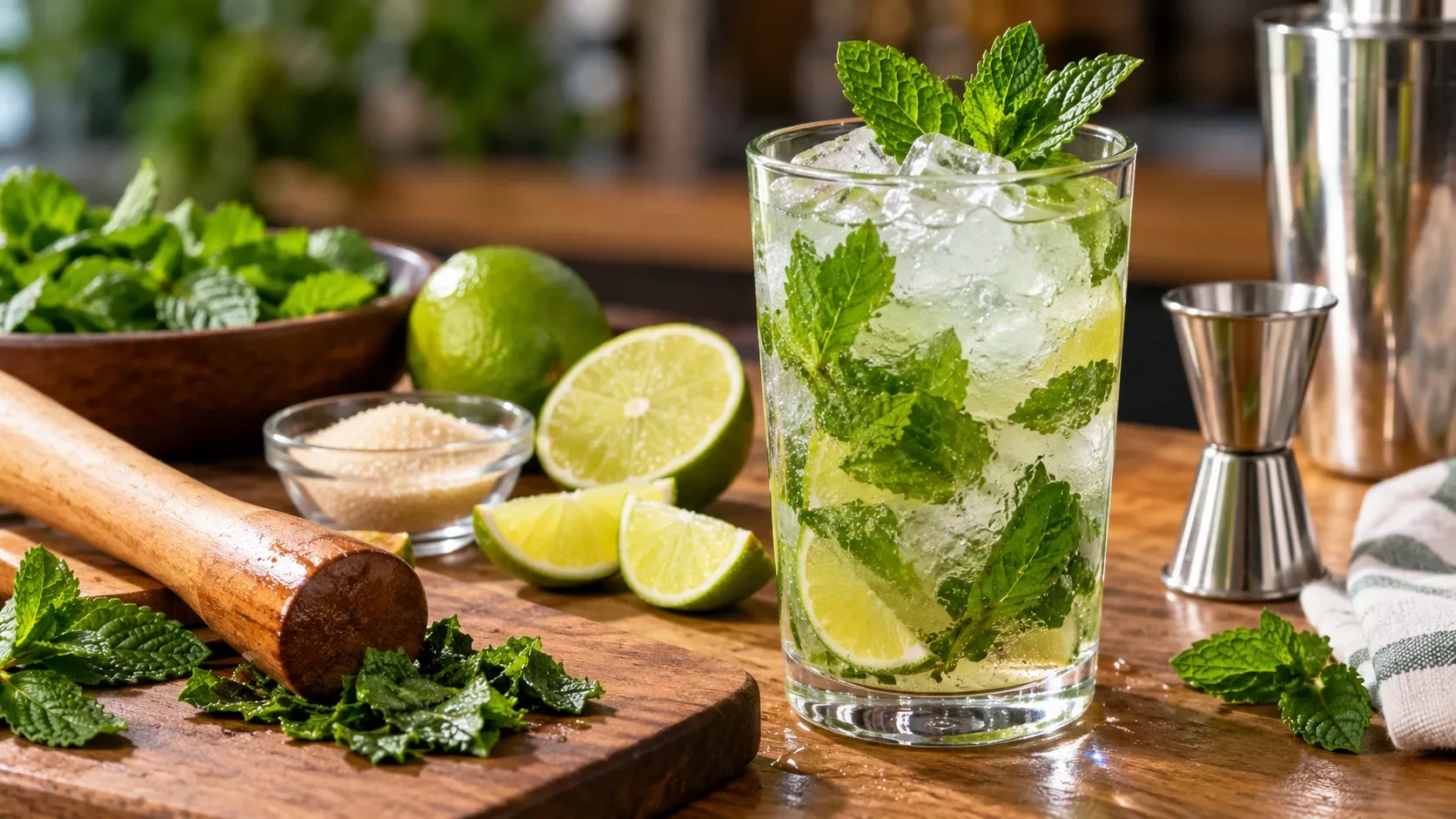 Copo alto de Mojito com gelo, limão e folhas de hortelã ao lado de macerador de madeira, hortelã fresca, açúcar e utensílios de bar sobre bancada de madeira.
