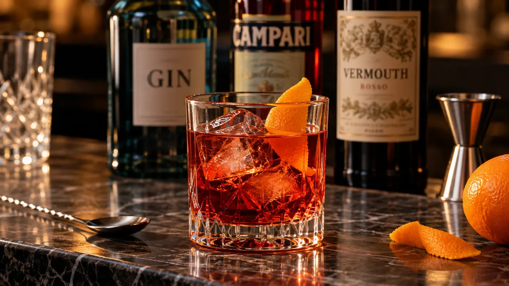 Copo baixo com Negroni vermelho sobre balcão de mármore, gelo e casca de laranja, com garrafas de gin, Campari e vermute ao fundo.