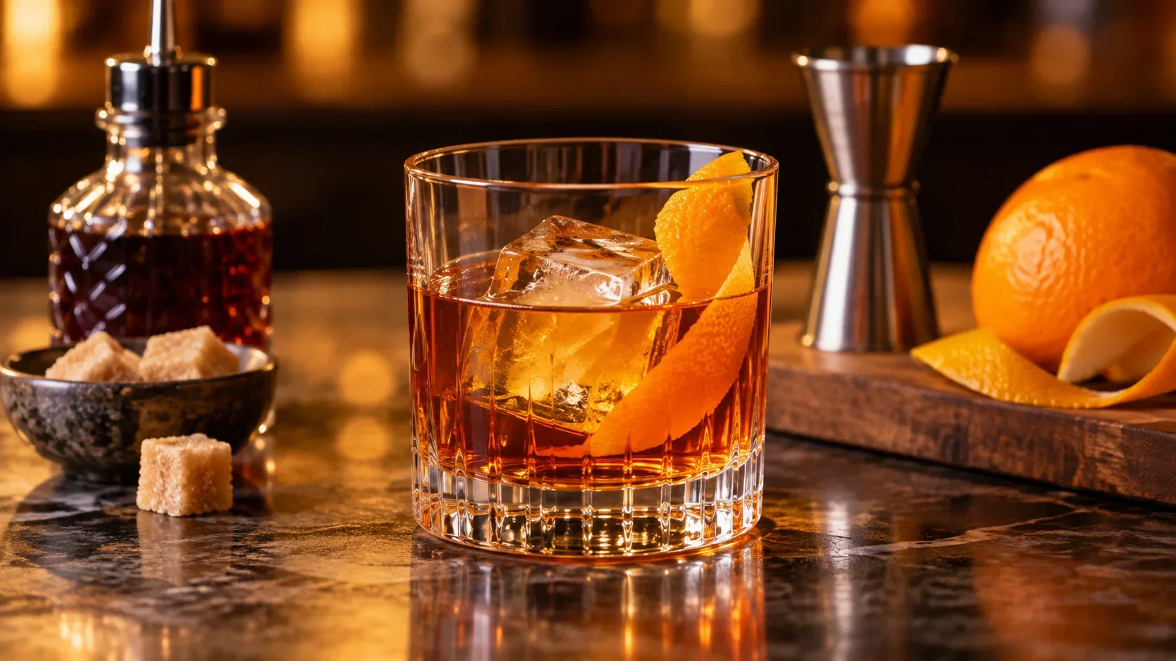 Copo baixo com coquetel âmbar, gelo grande e casca de laranja, ao lado de açúcar, frasco de bitters e utensílios de bar.