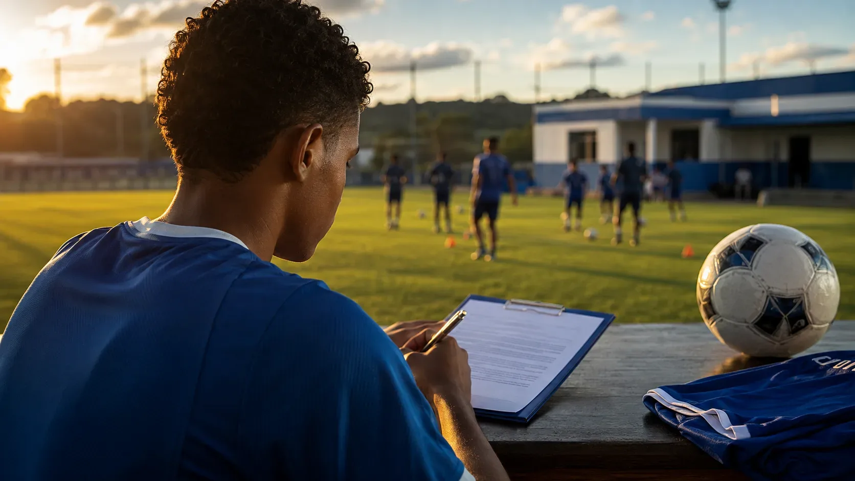 Atletas da base em treinamento de futebol, representando a formação esportiva e a proteção contratual de jovens jogadores