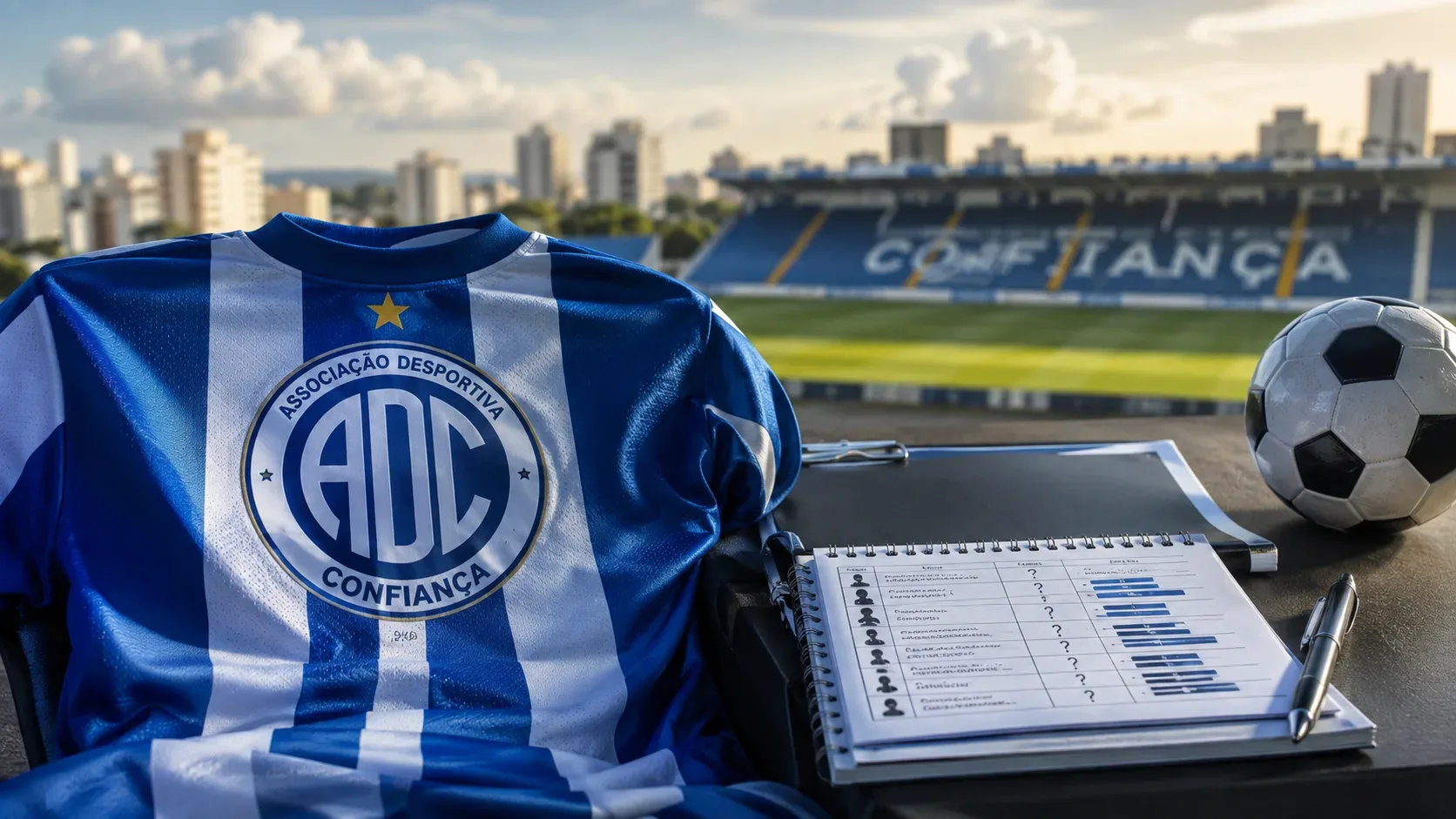 Camisa azul e branca do Confiança sobre uma mesa com bola e caderno, diante de um estádio de futebol.