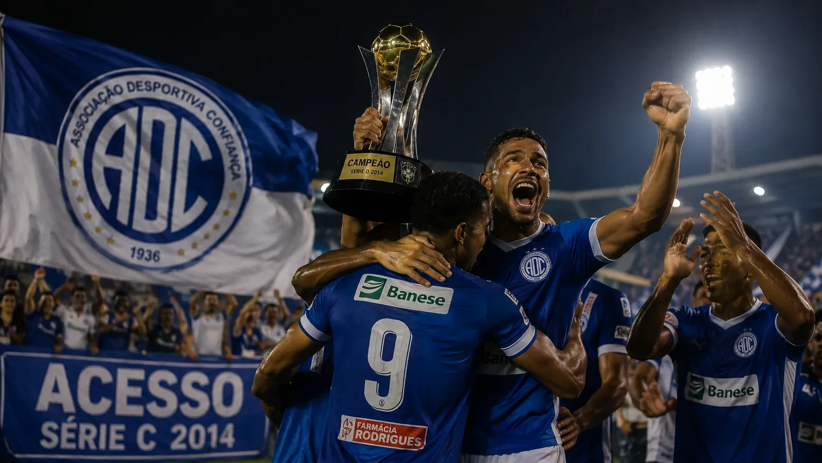 Jogadores em uniformes azuis celebram diante da torcida, com uma grande bandeira do Confiança ao fundo e um troféu erguido no estádio.