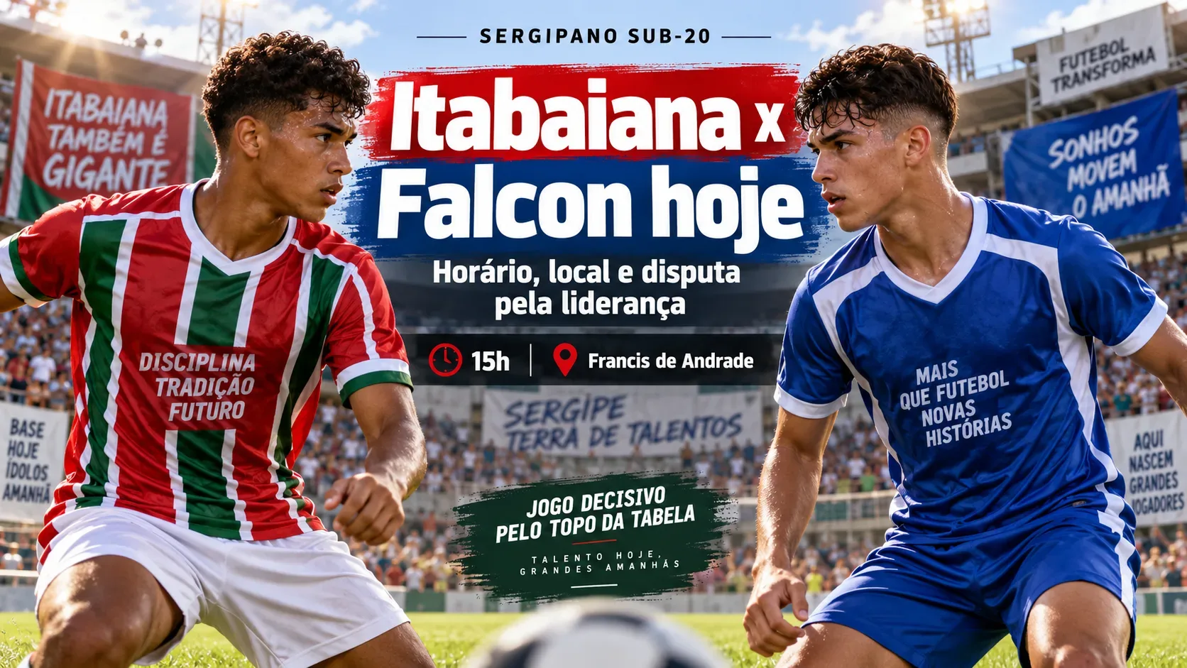 Capa esportiva com dois jogadores sub-20 em confronto, um de vermelho, verde e branco e outro de azul e branco, com o texto central “Itabaiana x Falcon hoje” e informações de horário e local.