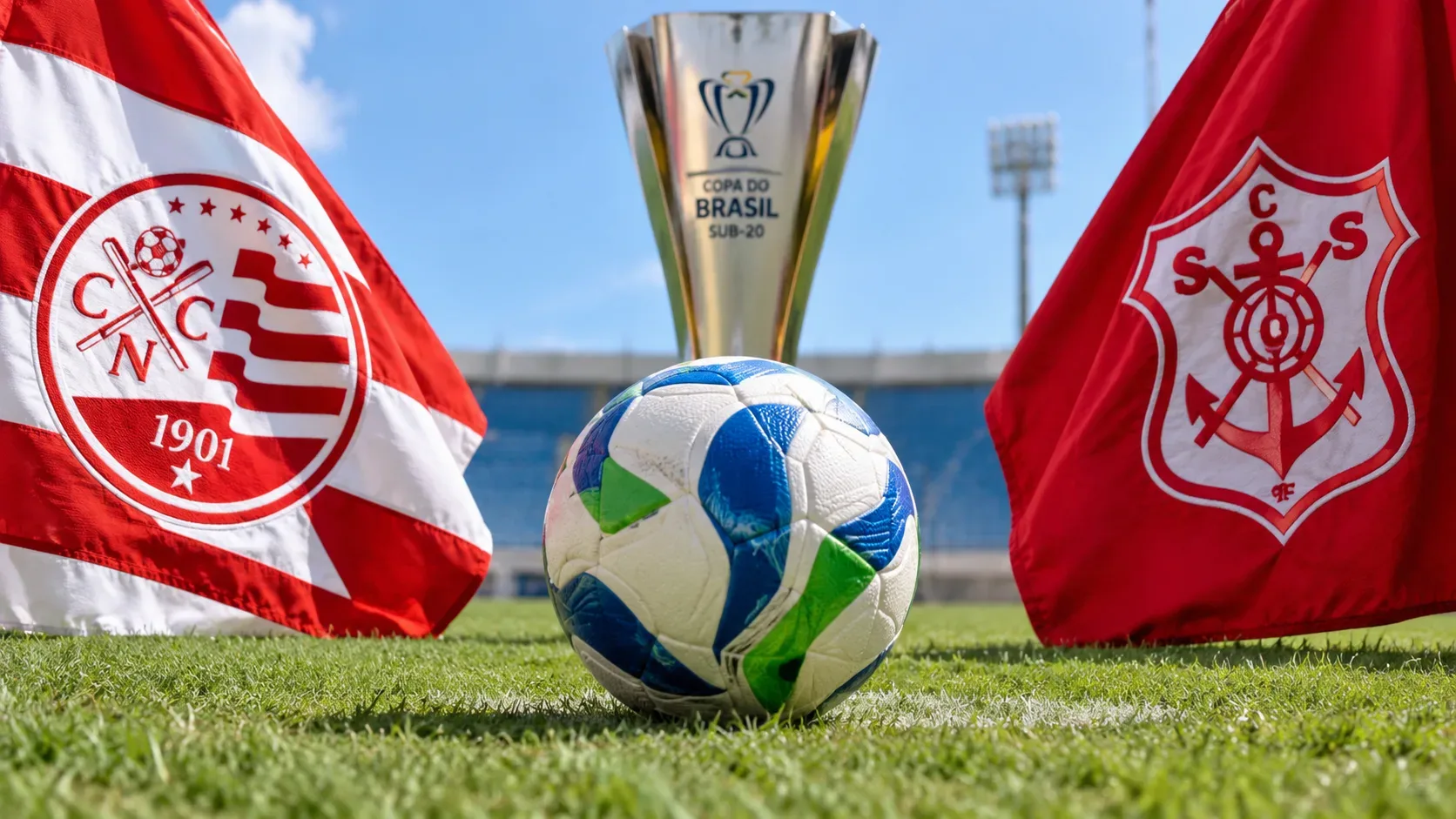 Bola de futebol no gramado entre bandeiras alusivas a Náutico e Sergipe, com troféu da competição ao fundo em um estádio.