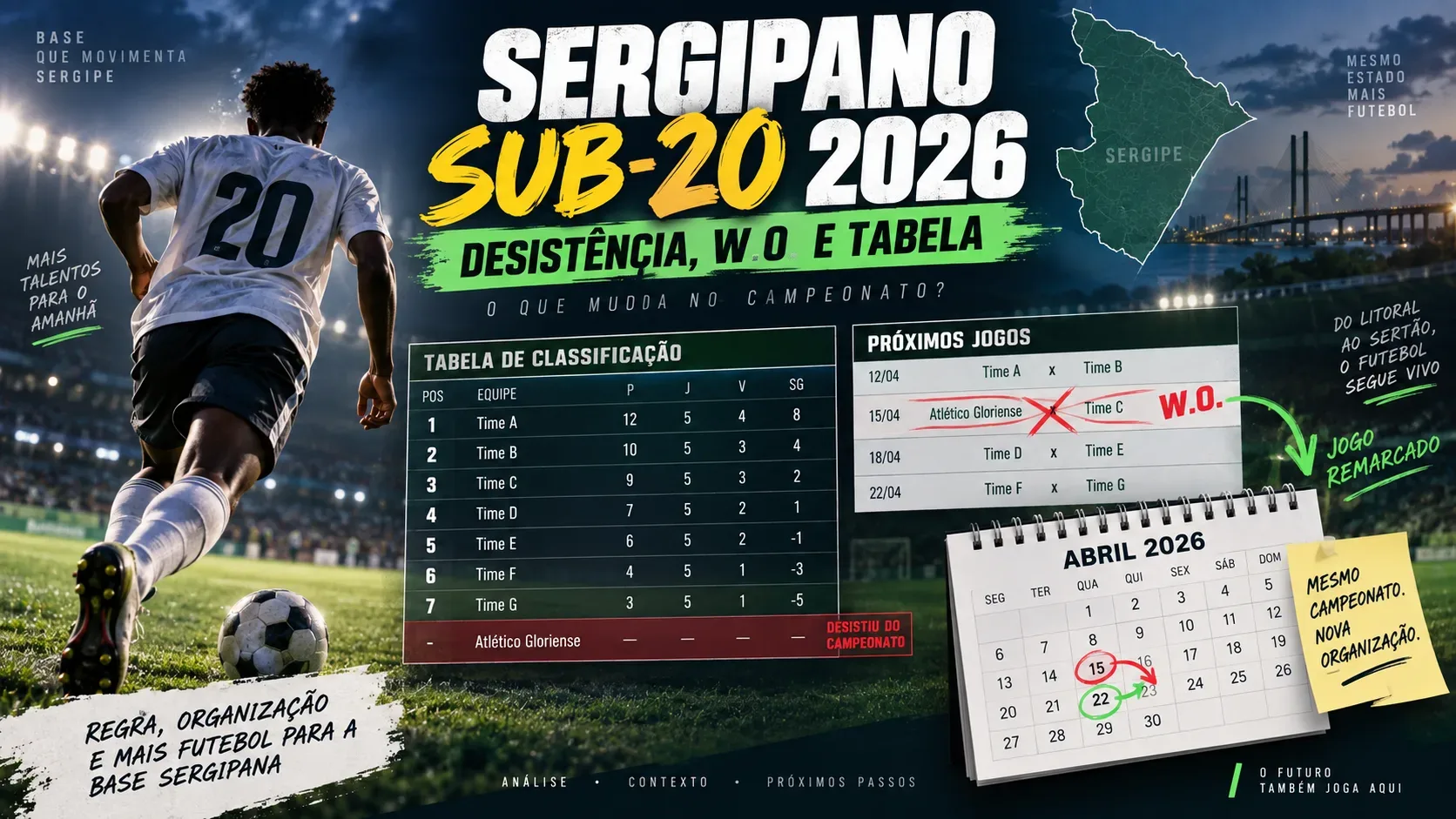 Montagem esportiva com jovem jogador em campo, quadro de classificação e jogos, calendário de remarcações e mapa de Sergipe ao fundo.