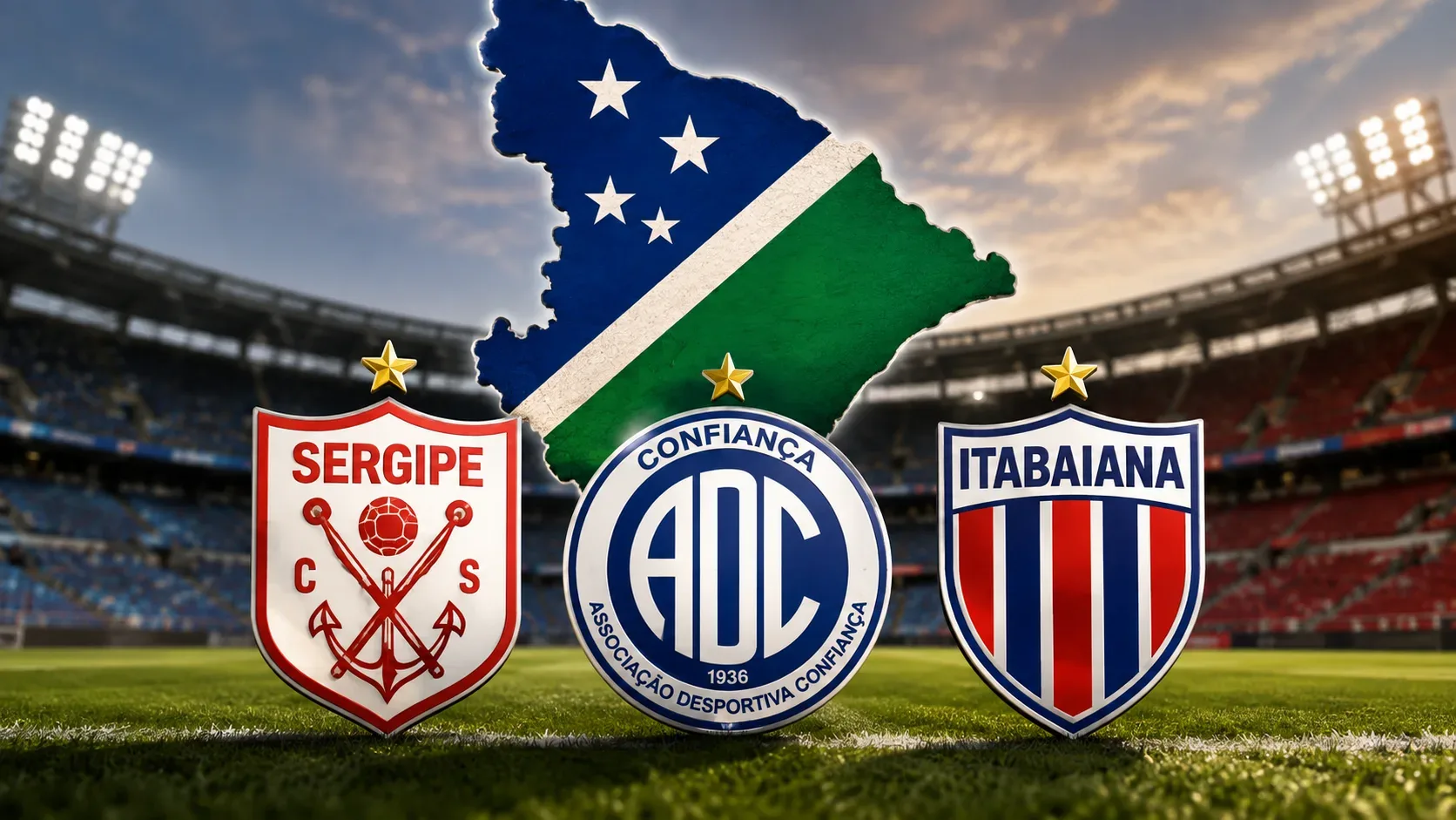Escudos de Sergipe, Confiança e Itabaiana sobre o gramado de um estádio, com o contorno do estado de Sergipe ao fundo.