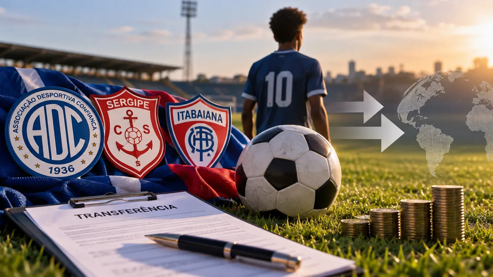 Jogador jovem visto de costas em um campo, com bola, contrato de transferência, pilhas de moedas, mapa-múndi e escudos de Confiança, Sergipe e Itabaiana.