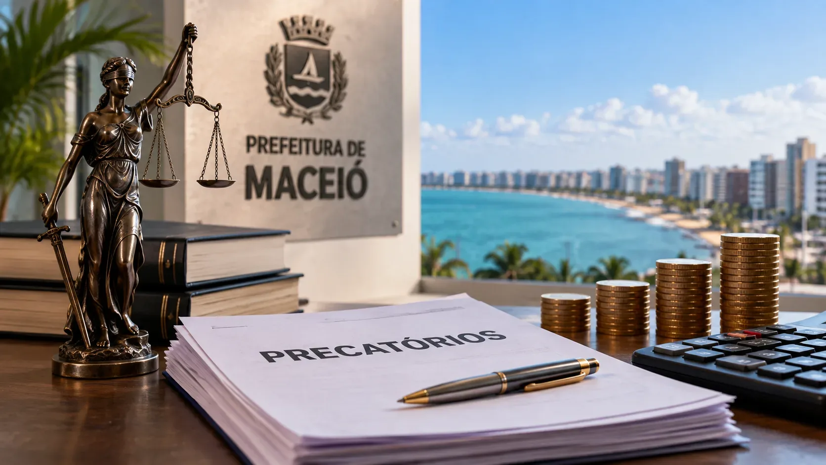 Mesa com estátua da Justiça, documentos de precatórios, pilhas de moedas, calculadora e vista litorânea de Maceió, com referência à Prefeitura ao fundo.