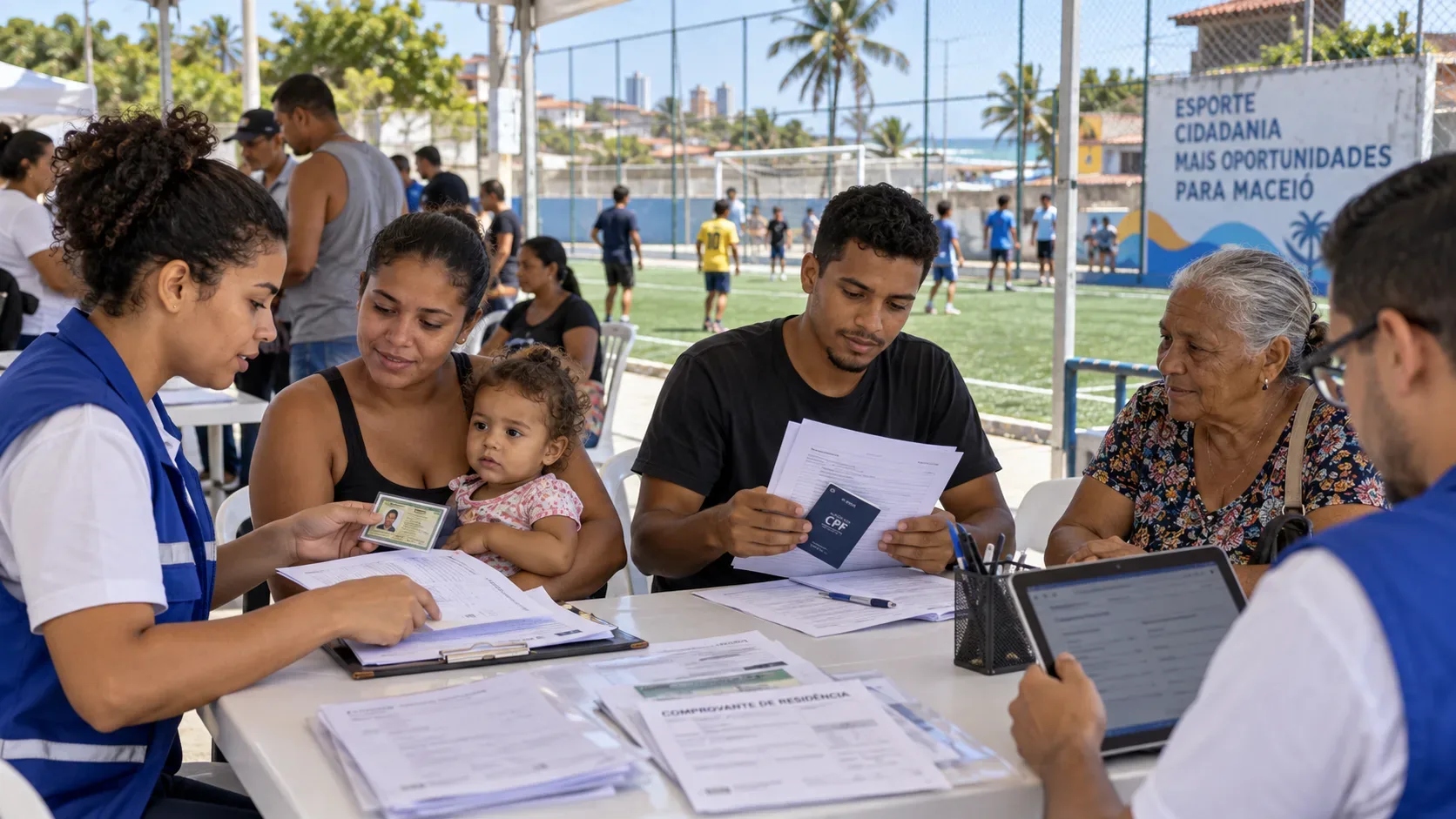 Atendimento comunitário em uma Areninha de Maceió, com moradores entregando documentos a servidores em uma mesa de cadastro ao lado de um campo de futebol.