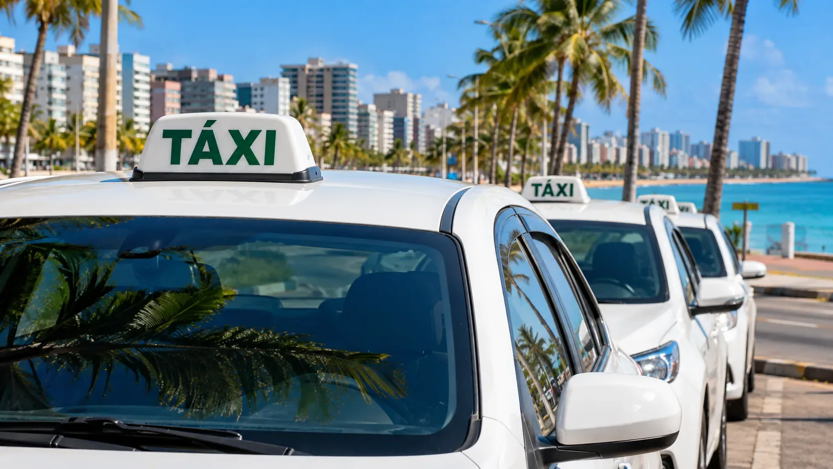 Táxis brancos alinhados em avenida litorânea com palmeiras, mar e prédios ao fundo.