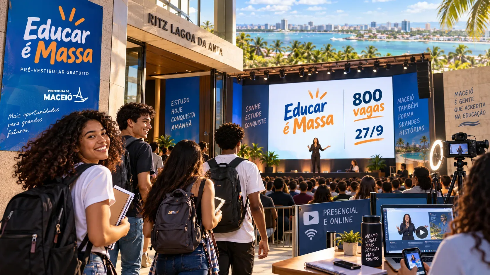Estudantes chegam ao aulão Educar é Massa no Ritz Lagoa da Anta, com palco, câmera de transmissão e tela anunciando 800 vagas e 27/9.